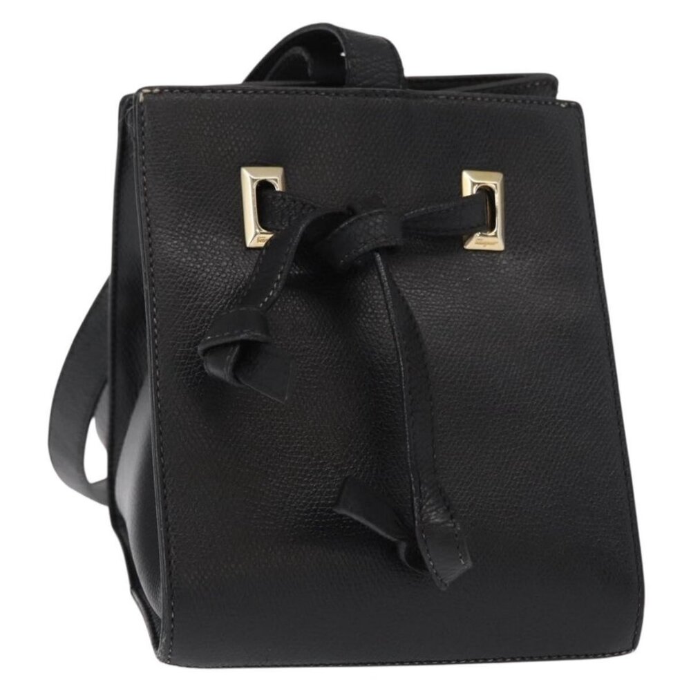 Authentic Salvatore Ferragamo Shoulder Bag Leather Gold Black